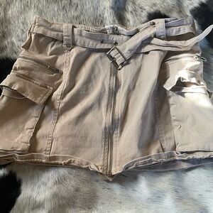 French Kiss‎ large Mini Skirt Knit Tan Zip Front Built In Shorts Belted